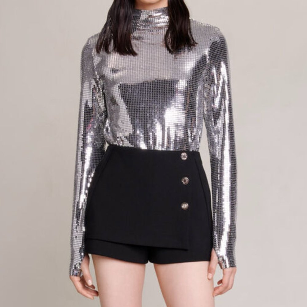 NWT Women's Maje Silver Sequined Metallic Funnel Turtle Neck Shirt